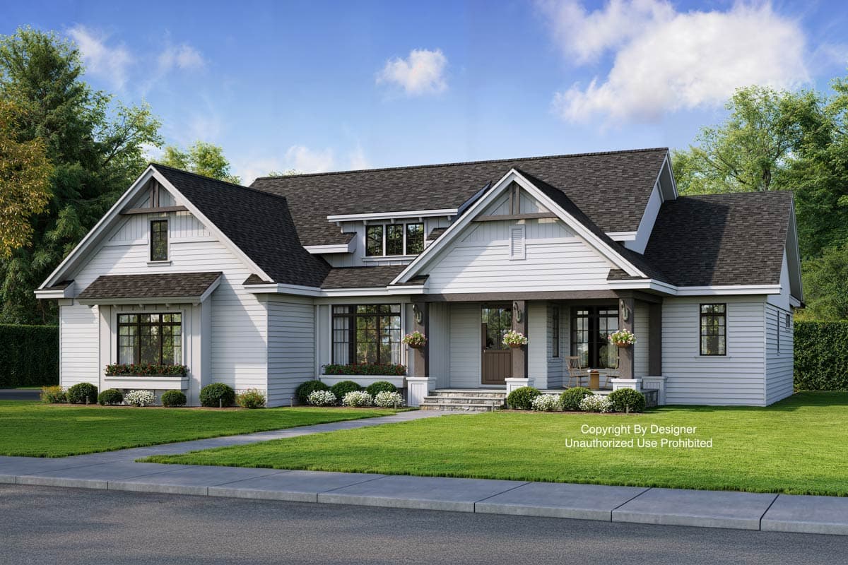 Modern Farmhouse house plan exterior, one-and-a-half stories, with a covered front porch, gabled dormers, and board-and-batten siding.
