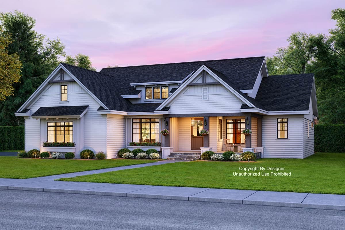 House plan exterior. Two-story Modern Farmhouse with gables, a covered porch, and a dark roof. Features dormers and horizontal siding.