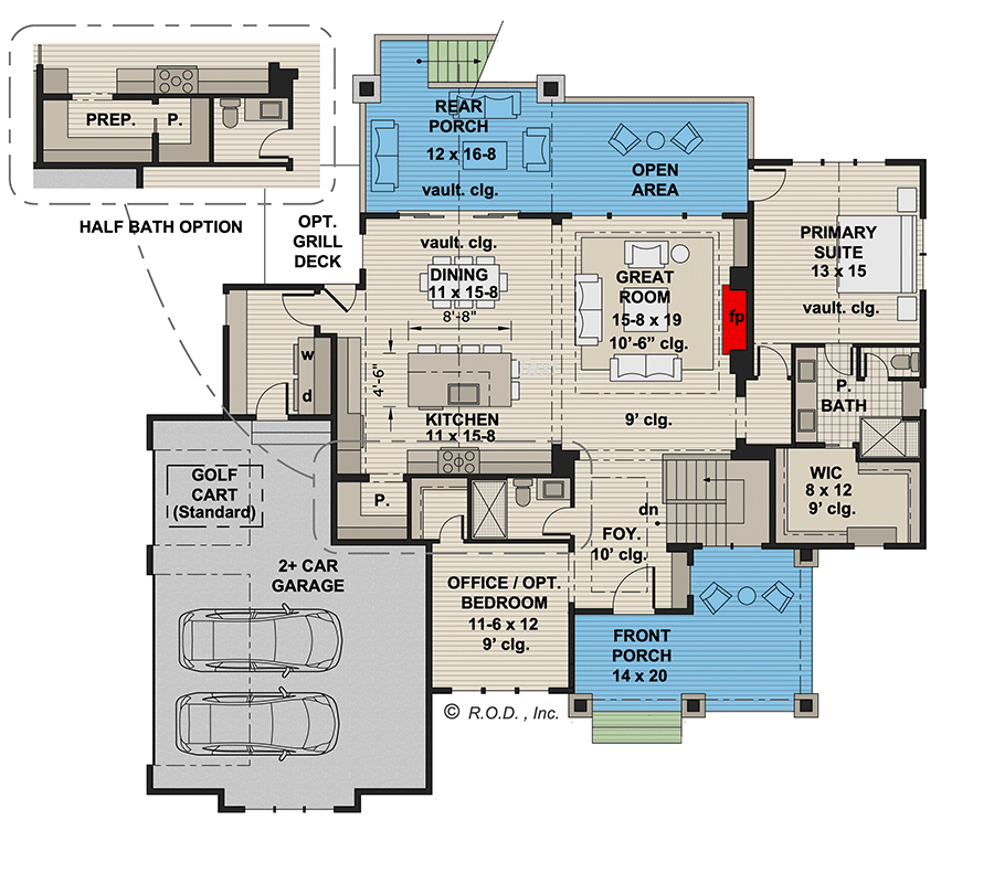 Plan 14783RK: New American House Plan with Two Flex Rooms - 3046 Sq Ft - Floor Plan - Main Level - Country, Farmhouse, Modern Farmhouse, New American