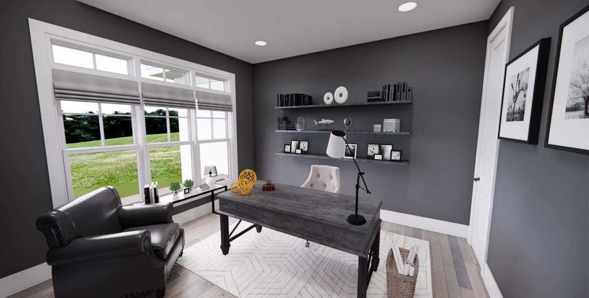 Interior rendering of a home office with a desk, chair, leather armchair, and large window with view of the outdoors.
