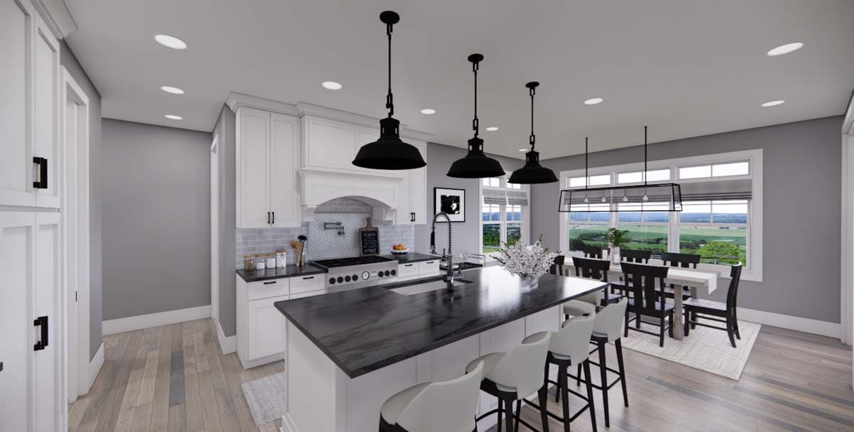 Interior rendering of a spacious kitchen and dining area with a large island, pendant lights, and dining table.