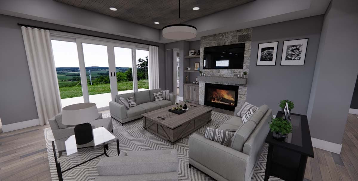 Living room rendering with fireplace, large windows, and sectional sofas.