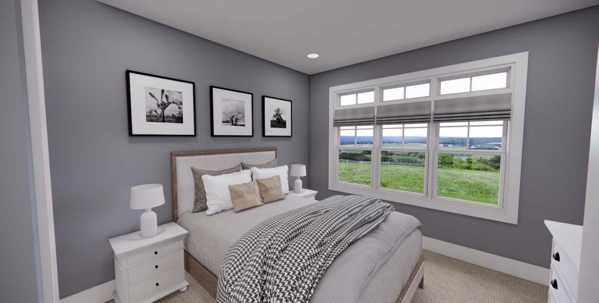 Bedroom rendering with bed, nightstands, and large multi-pane window overlooking rolling hills.