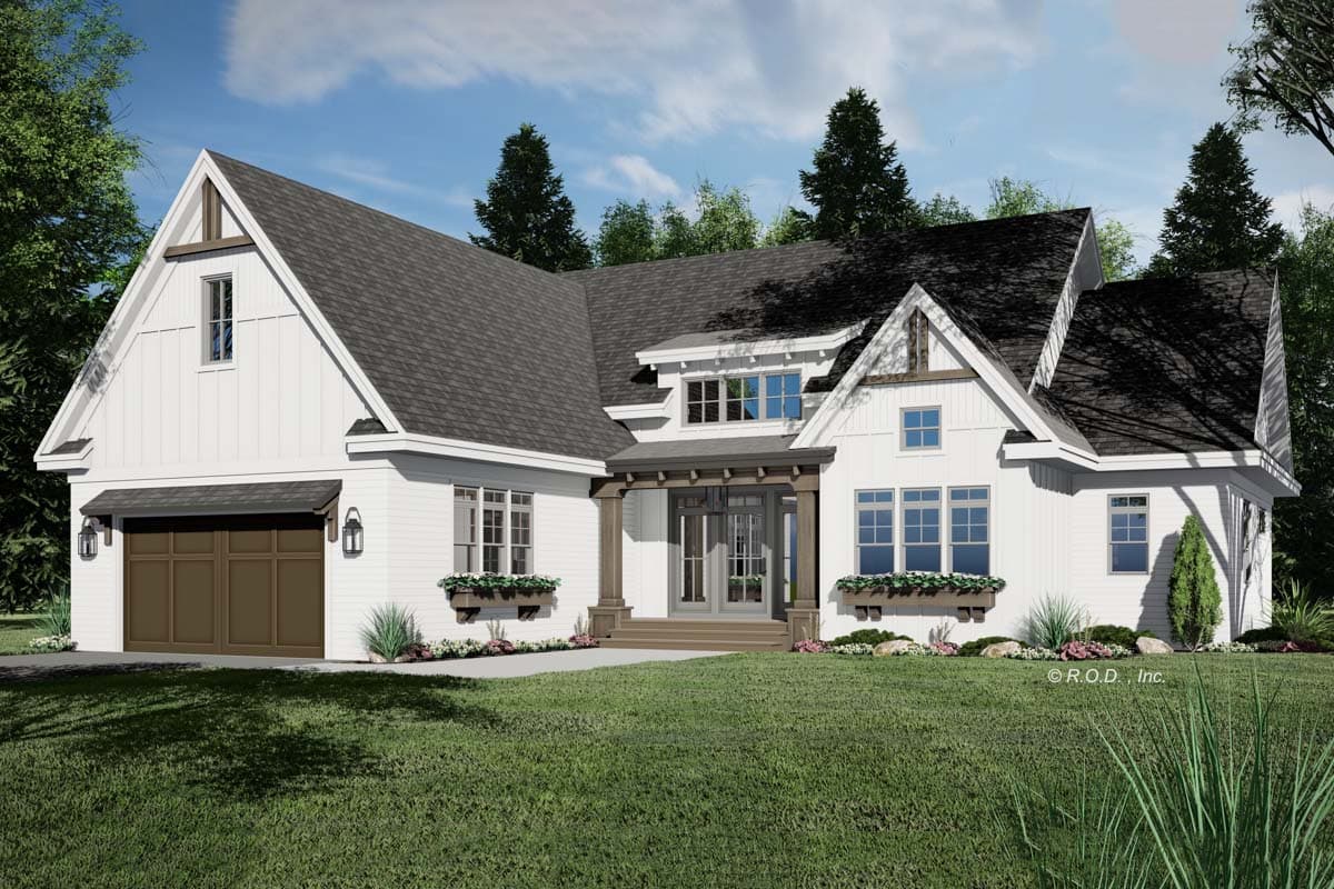 House plan exterior. Two-story Modern Farmhouse with gable roof, covered entry, window boxes, and a garage with a gabled roofline.