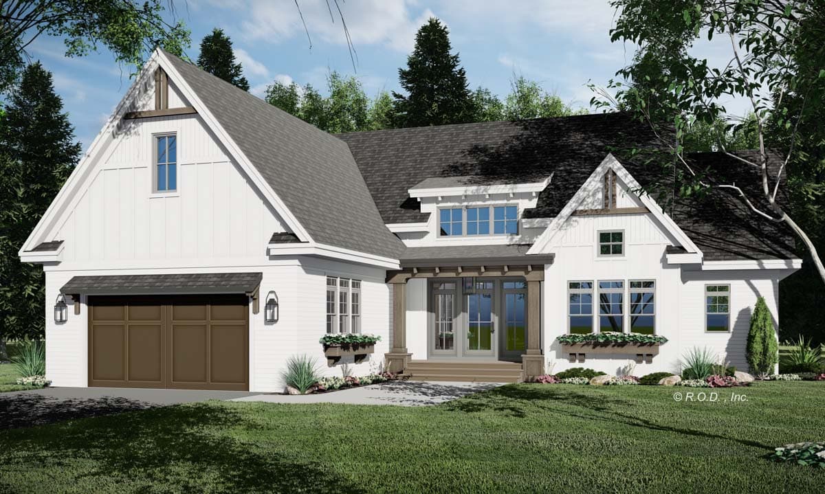 House plan exterior with board and batten siding, gable dormer, covered porch with timber posts, and a two-car garage.