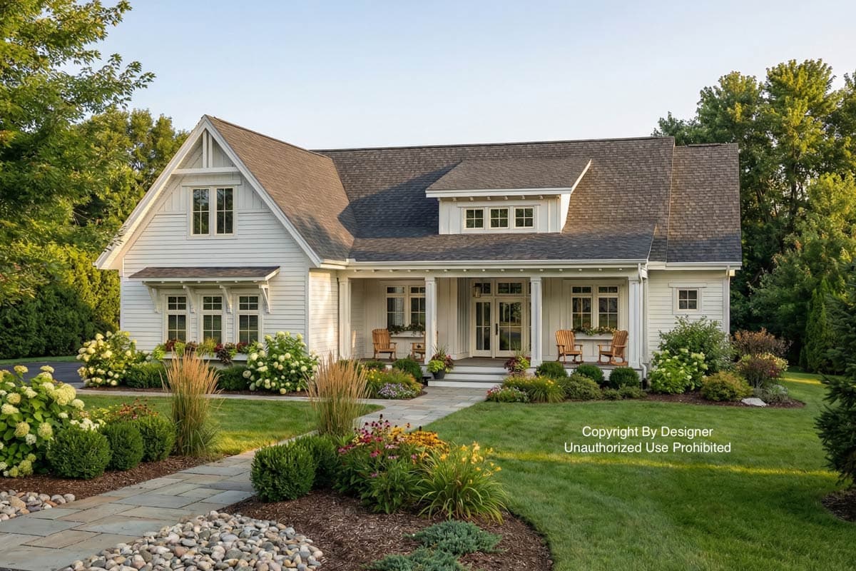 A white farmhouse with a stone path leading to the front door, flanked by manicured gardens and lush green lawn under a sunny sky.
