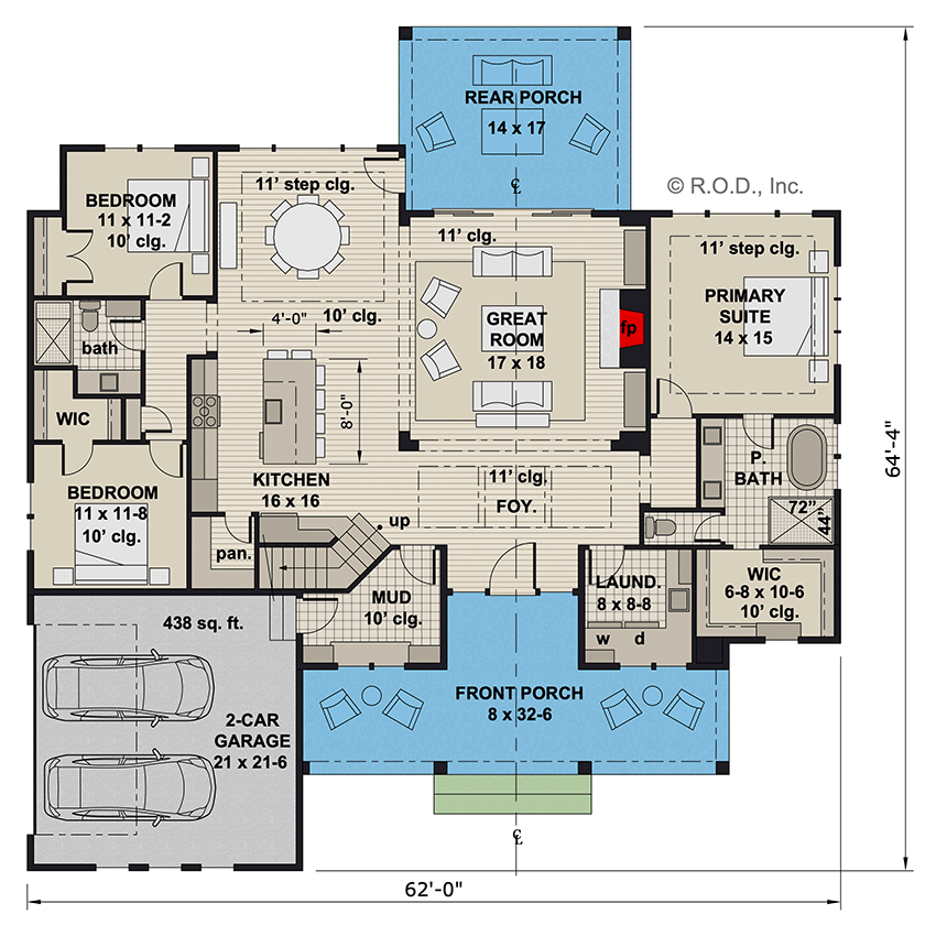 Plan 14785RK: One-Story Modern Farmhouse Plan with Bonus Above Garage - 2112 Sq Ft - Floor Plan - Main Level - Country, Farmhouse, Modern Farmhouse, New American, Ranch