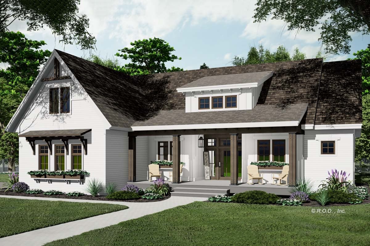 House plan exterior: Modern Farmhouse style, two stories, with a covered front porch, dormer, and gabled roofline.