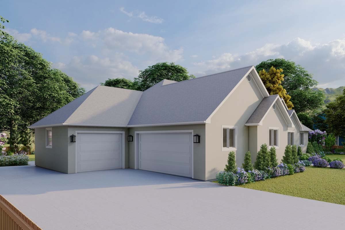 House plan exterior: Ranch style, single-story with a three-car garage, prominent gables, and a multi-level roofline.