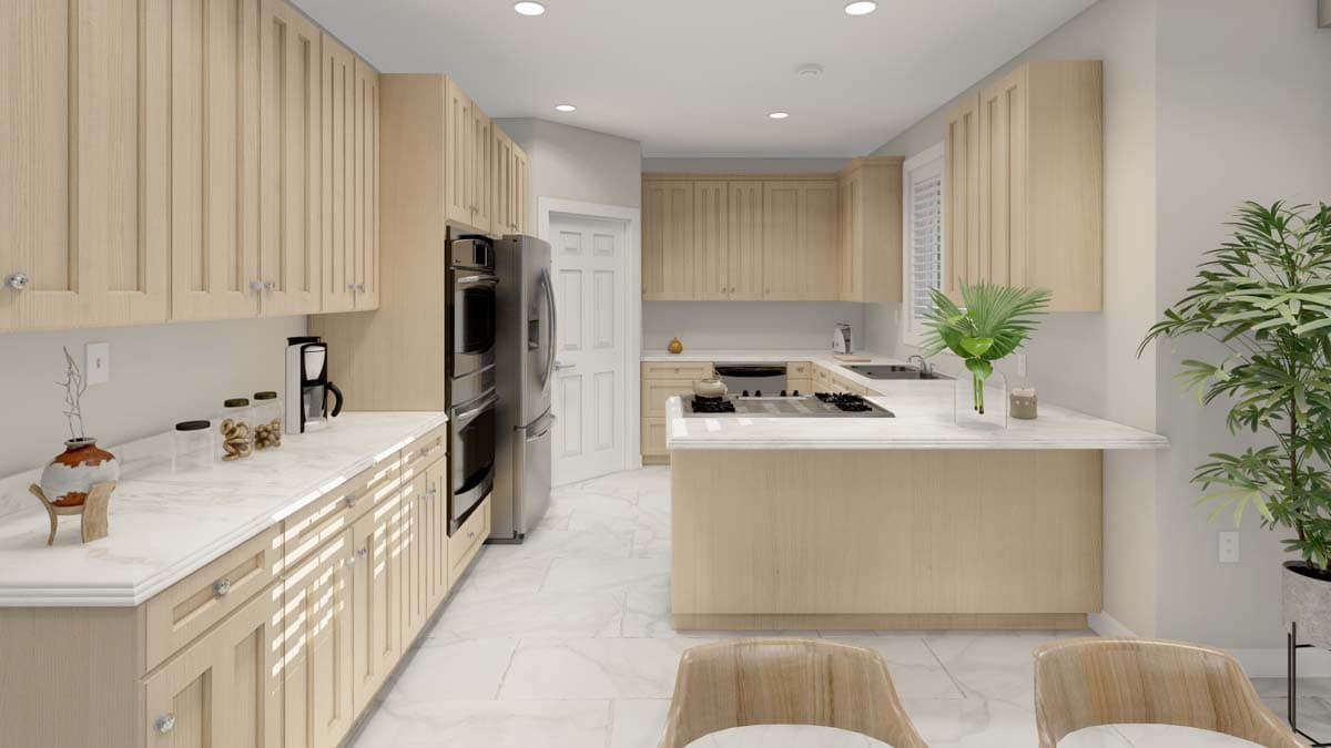 Kitchen with light wood cabinetry, stainless steel appliances, granite countertops, and an island with seating.
