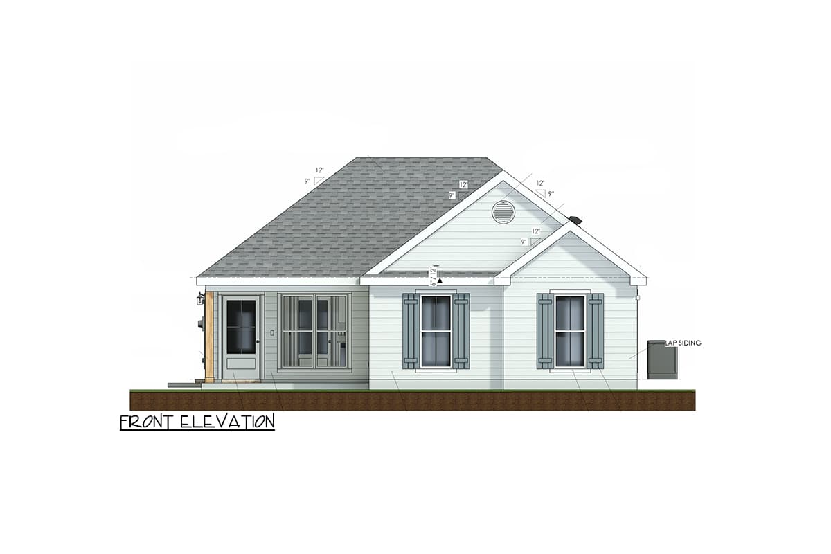 Front elevation drawing of a one-story house with lap siding, gabled roof, porch entry, and decorative shutters.
