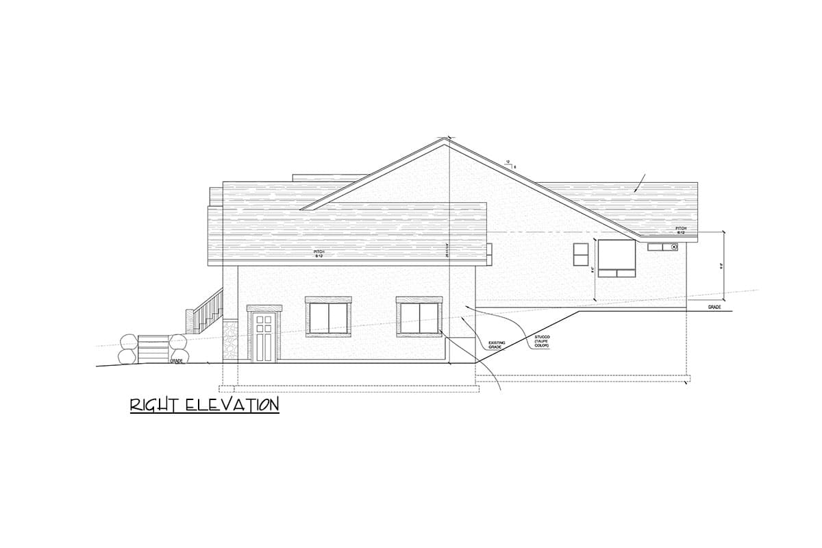Right elevation house plan drawing showing a single-story structure with a hip roof, front door, and two windows.