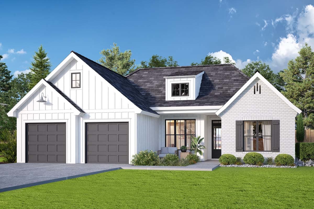 House plan exterior featuring a two-car garage, dormer, and gabled roof. Exterior combines white siding and brick with dark trim.
