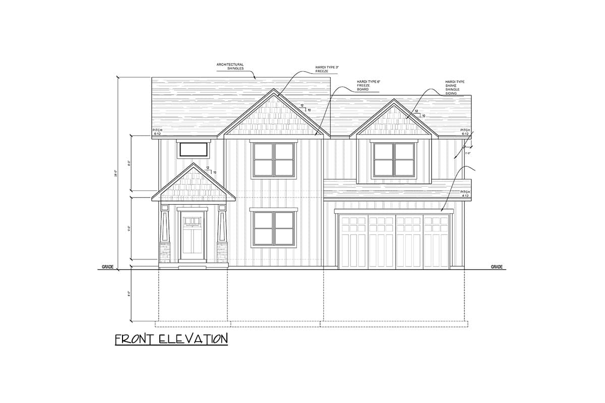 Front elevation house plan with gable roof, covered porch, and double garage. Features shingle and board siding.