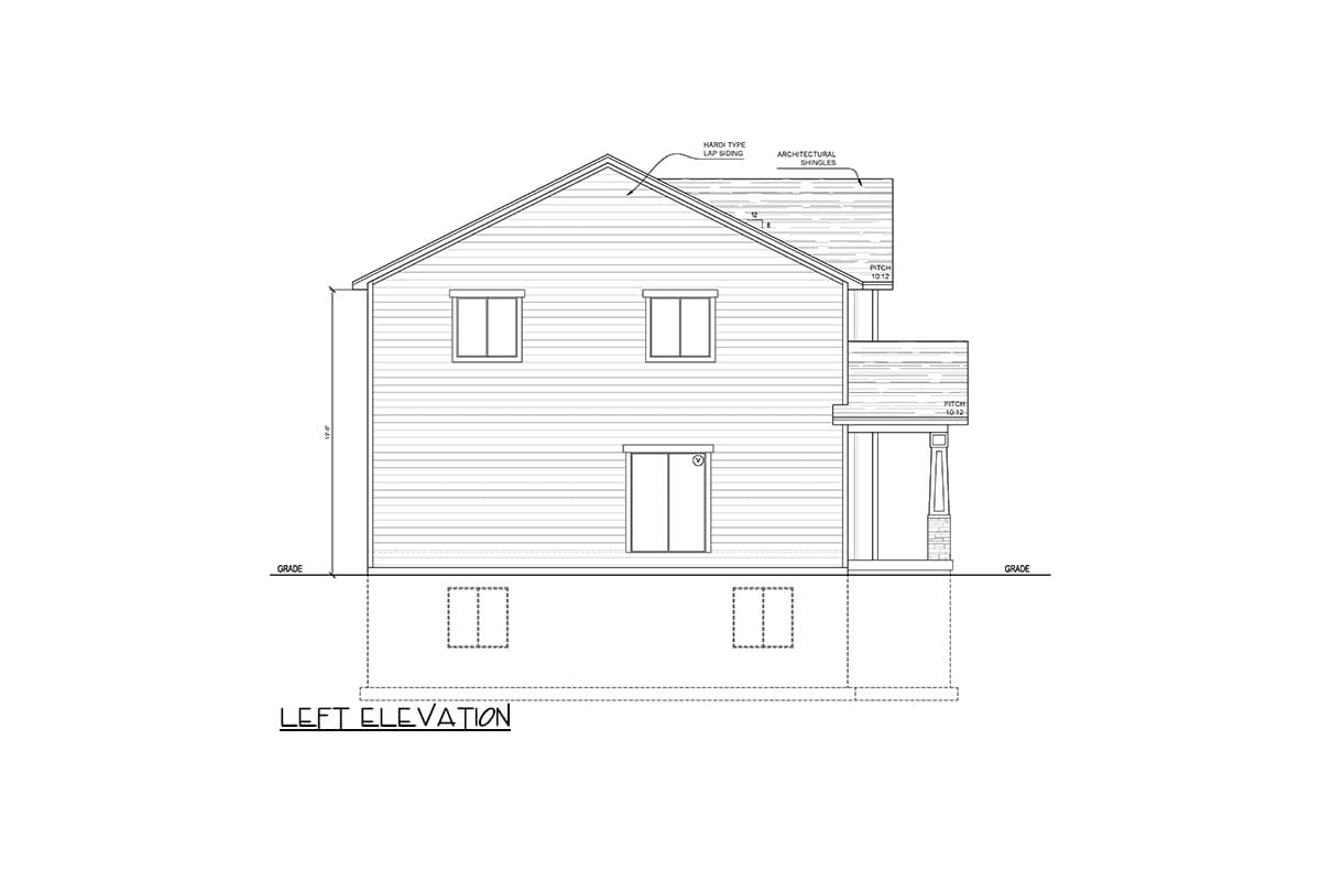 Left elevation of a two-story house plan with lap siding, gables, and a covered porch.