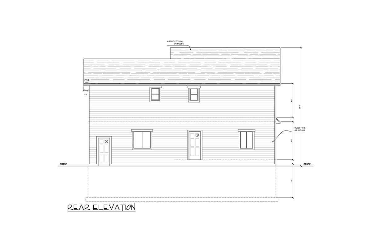 Rear elevation of a two-story house plan with lap siding, two doors, and four windows.