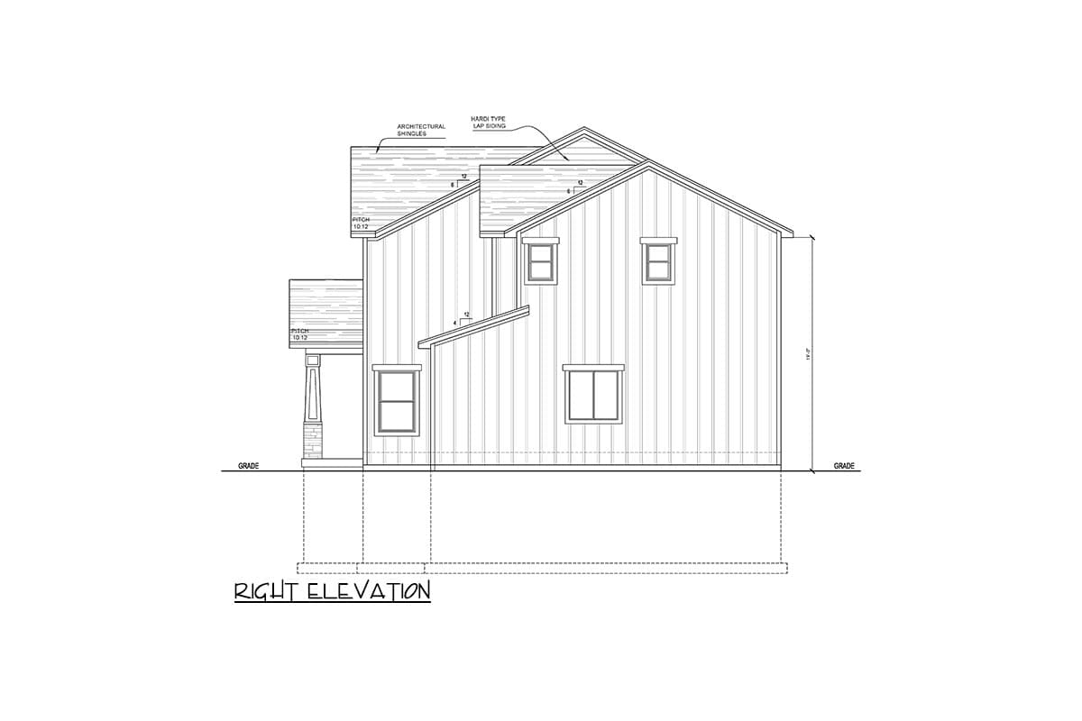 Right elevation house plan showing two stories, Hardi plank siding, architectural shingles, and varied roof pitches.