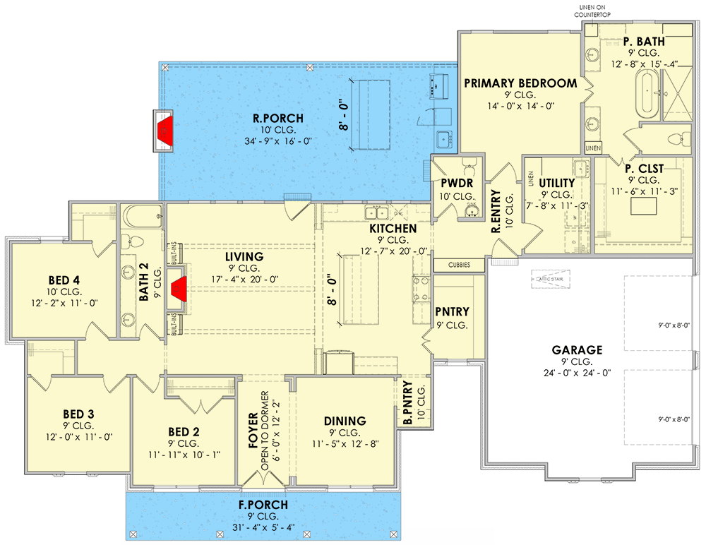 Plan 185009PHD: 4-Bed Traditional Southern-Style House Plan under 2500 Square Feet - Floor Plan - Main Level - Acadian, European, French Country, Southern, Southern Traditional