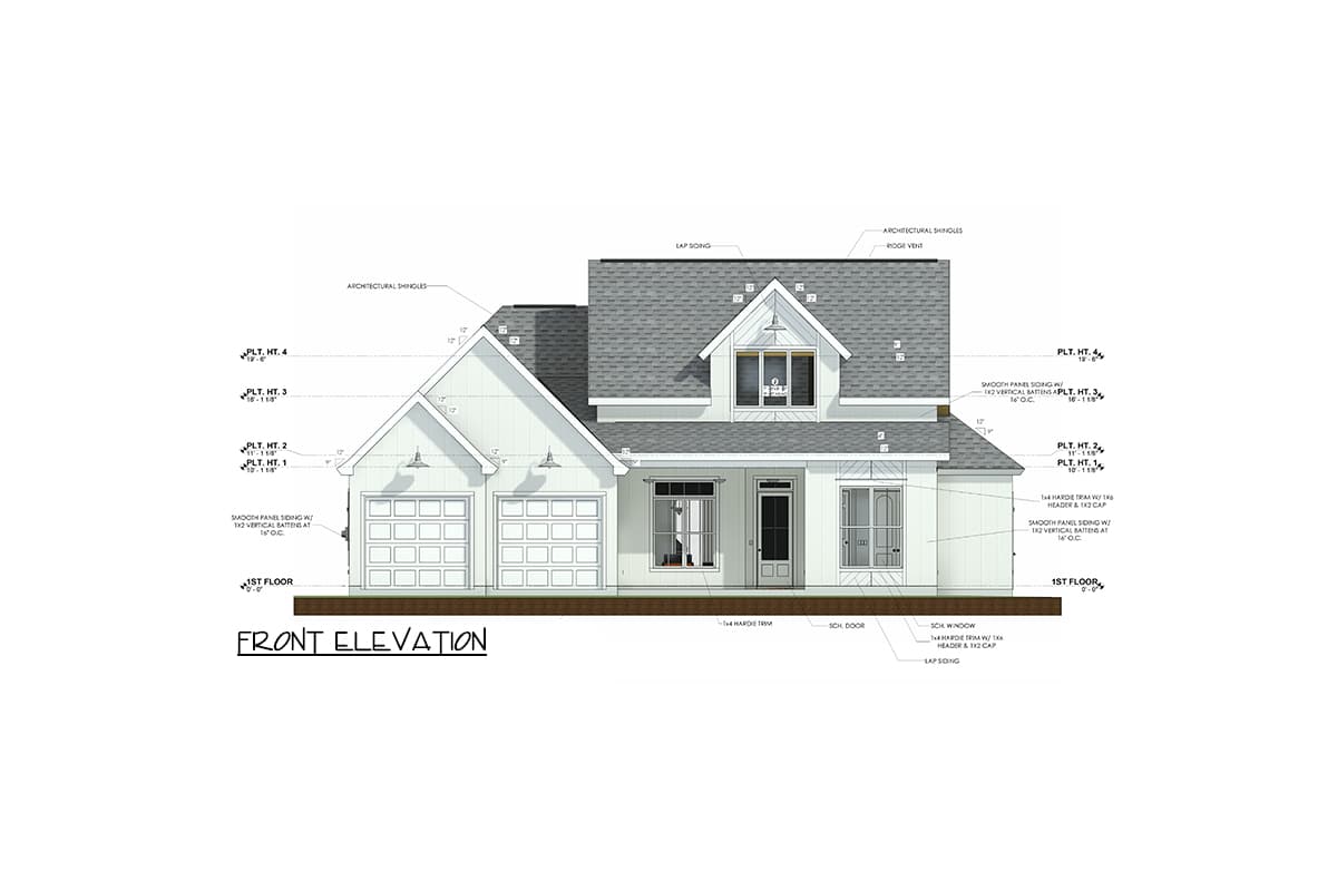 Front elevation house plan showing a two-car garage, gable dormer, covered porch, and smooth panel siding with vertical battens.