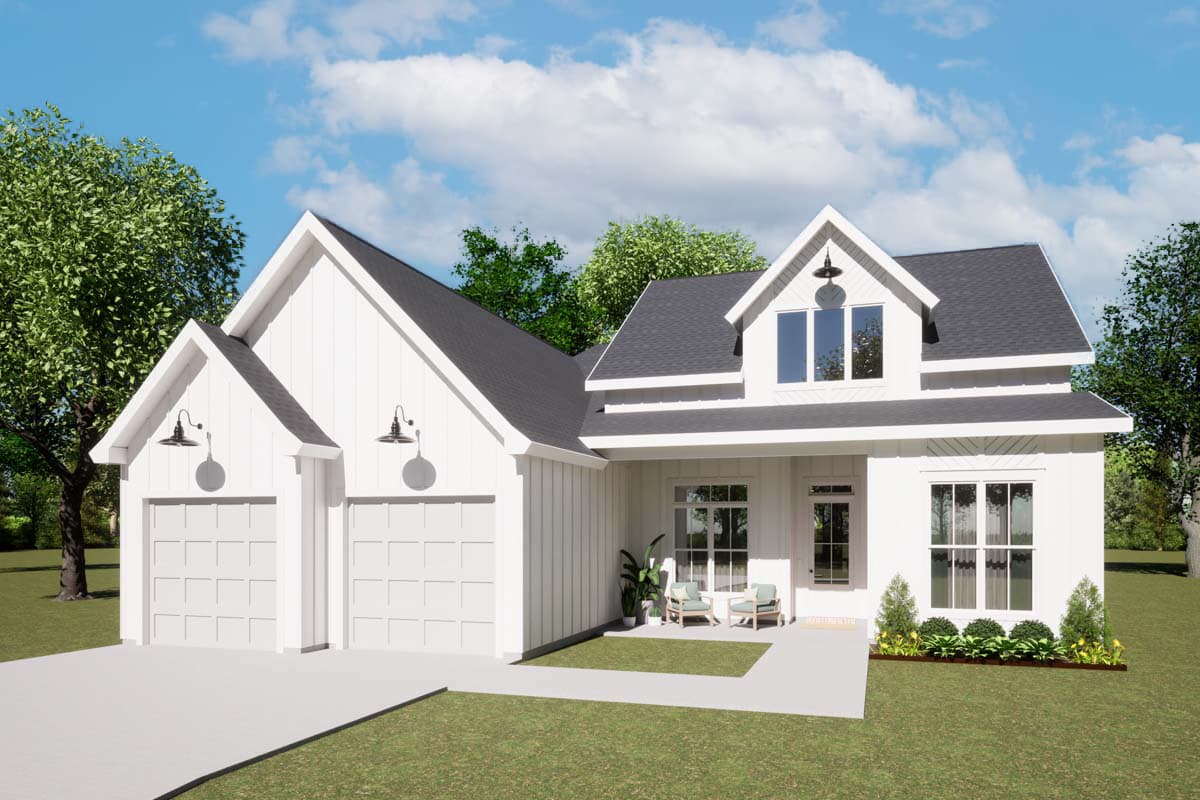 Farmhouse-style house plan exterior. Features include a two-car garage, front porch, and dormer. Two stories with a gable roofline.
