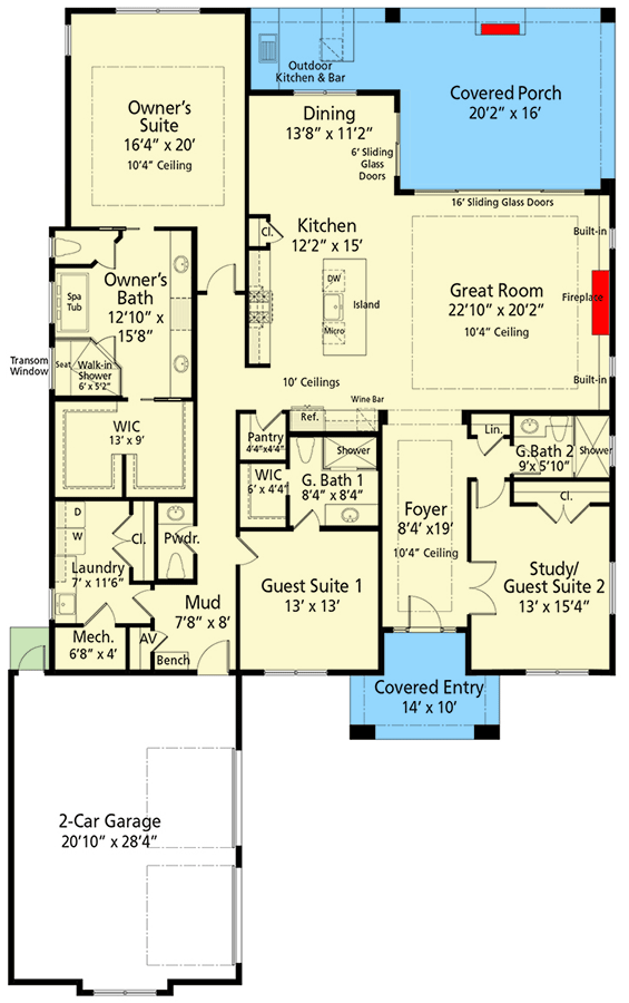 Plan 33263ZR: One-Story 3-Bed 3.5 Bath House Plan with Flex Room - 2844 Sq Ft - Floor Plan - Main Level - European, French Country, Southern, Transitional