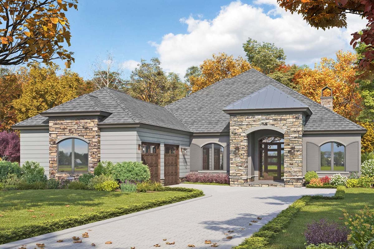House plan exterior with stone accents, arched entryway, and multiple gabled rooflines. Includes a two-car garage and arched windows.