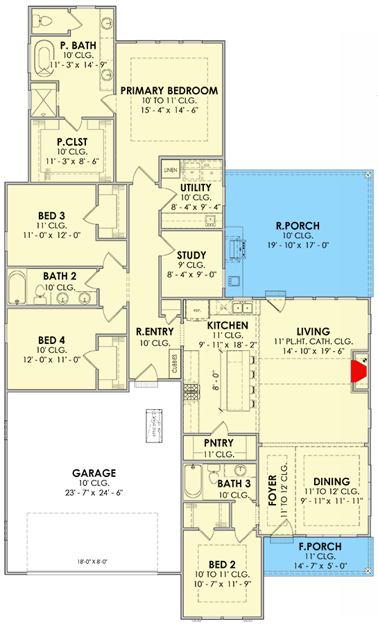Plan 185013PHD: Three Gabled House Plan Designed with Outdoor Kitchen - 2315 Sq Ft - Floor Plan - Main Level - Cottage, Country, New American, Southern