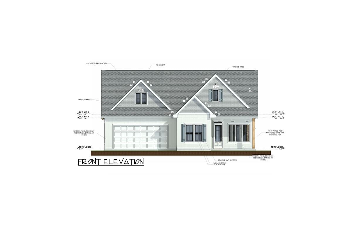 Front elevation of a one-story house plan featuring a two-car garage, gabled dormers, and a covered entry porch with wood posts.