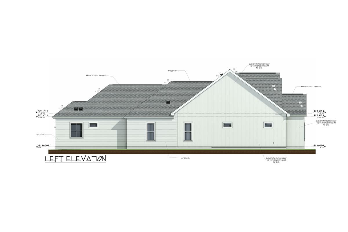 Left elevation house plan with lap siding, architectural shingles, and gable roof.