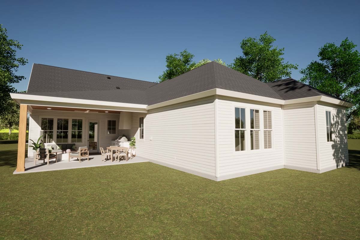 House plan exterior with covered patio, large windows, and horizontal siding.