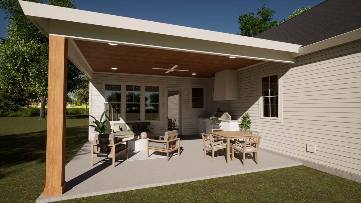 Exterior house plan rendering featuring covered patio with outdoor kitchen, seating, and dining areas.