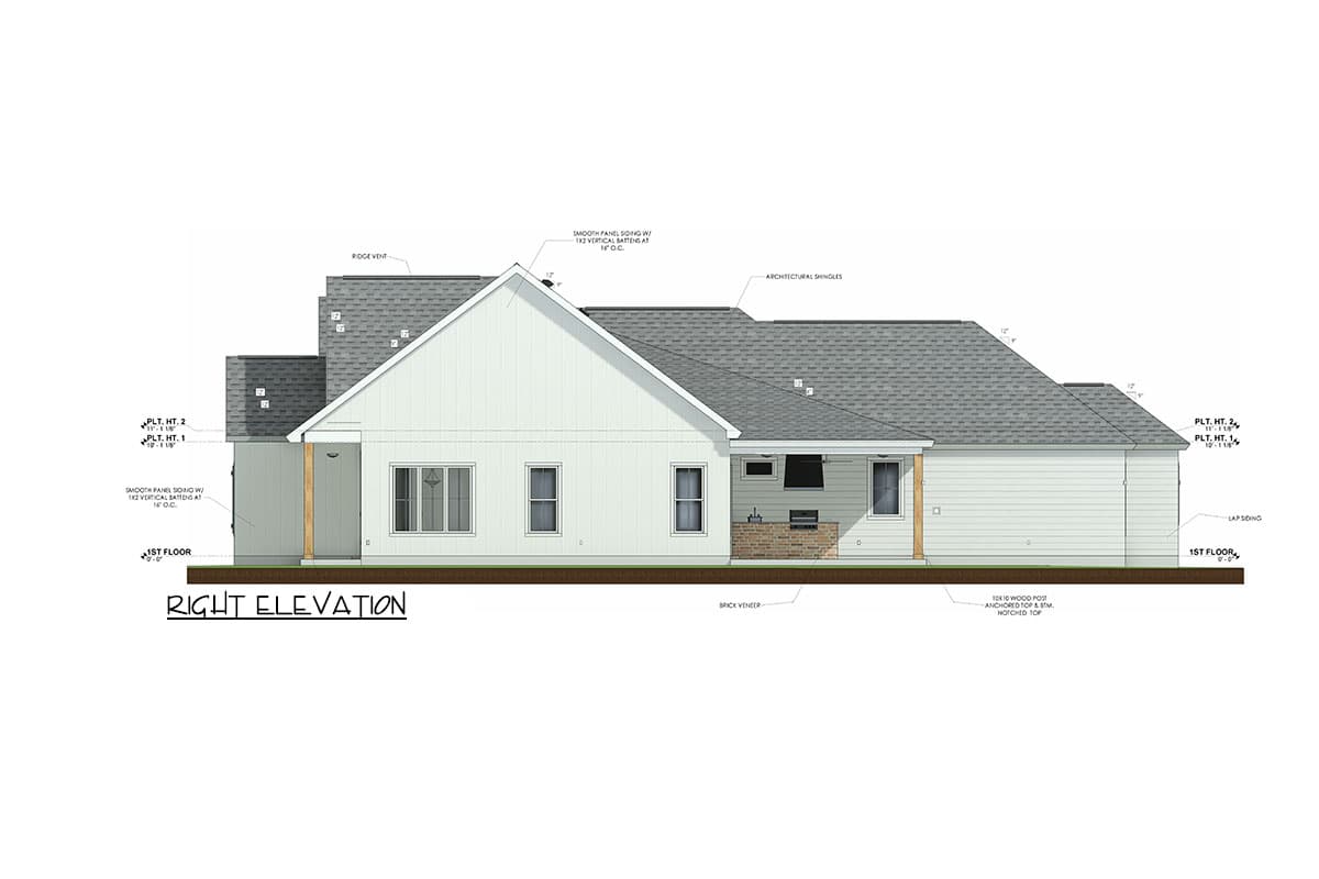 House plan right elevation showing lap siding, vertical panel siding, brick veneer, and covered outdoor kitchen.