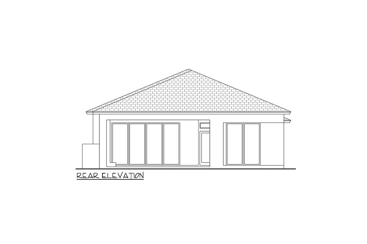 Rear elevation drawing of a house plan with a hipped roof, large sliding glass doors, and two-panel windows.