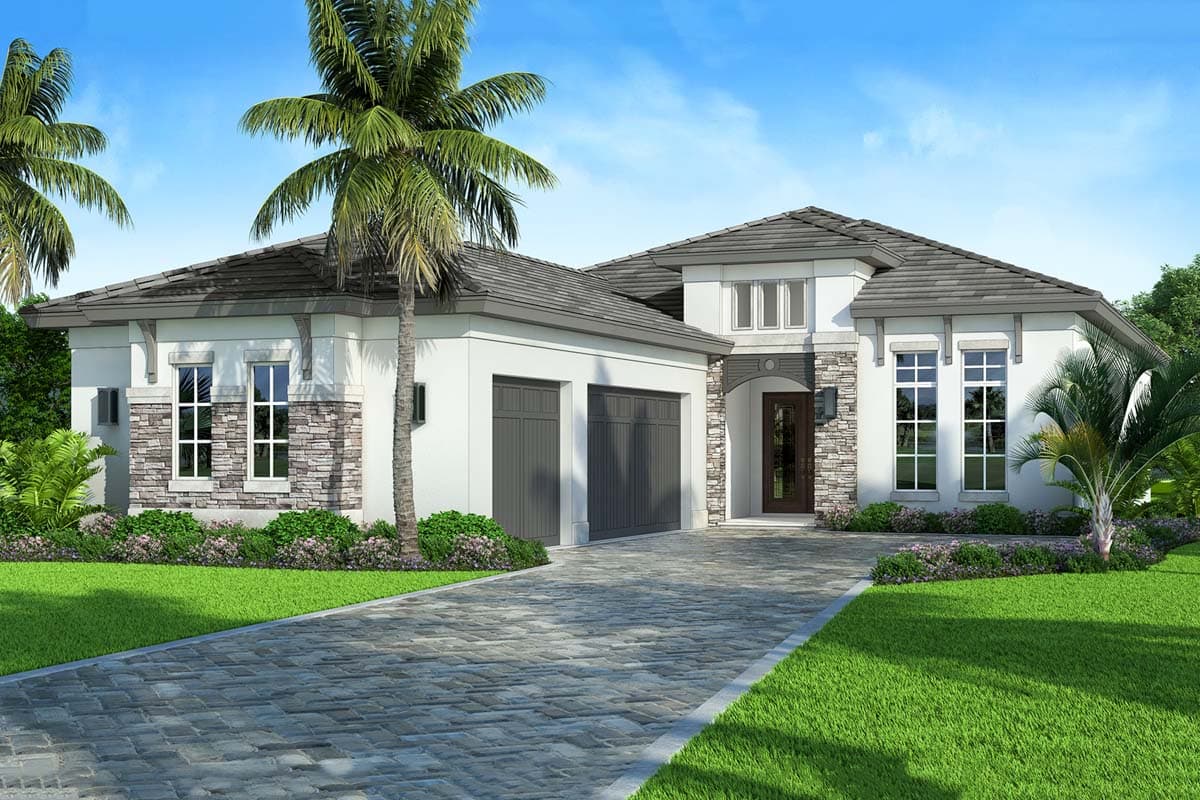 House plan exterior. One-story design with stone accents, a two-car garage, and a covered entry. Features include a hipped roof and large windows.