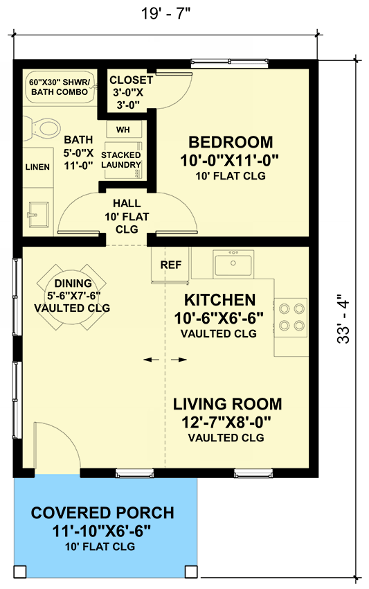 Plan 420120WNT: One-Bed Country Cottage with Covered Front Porch - 525 Sq Ft - Floor Plan - Main Level - Cabin, Cottage, Country