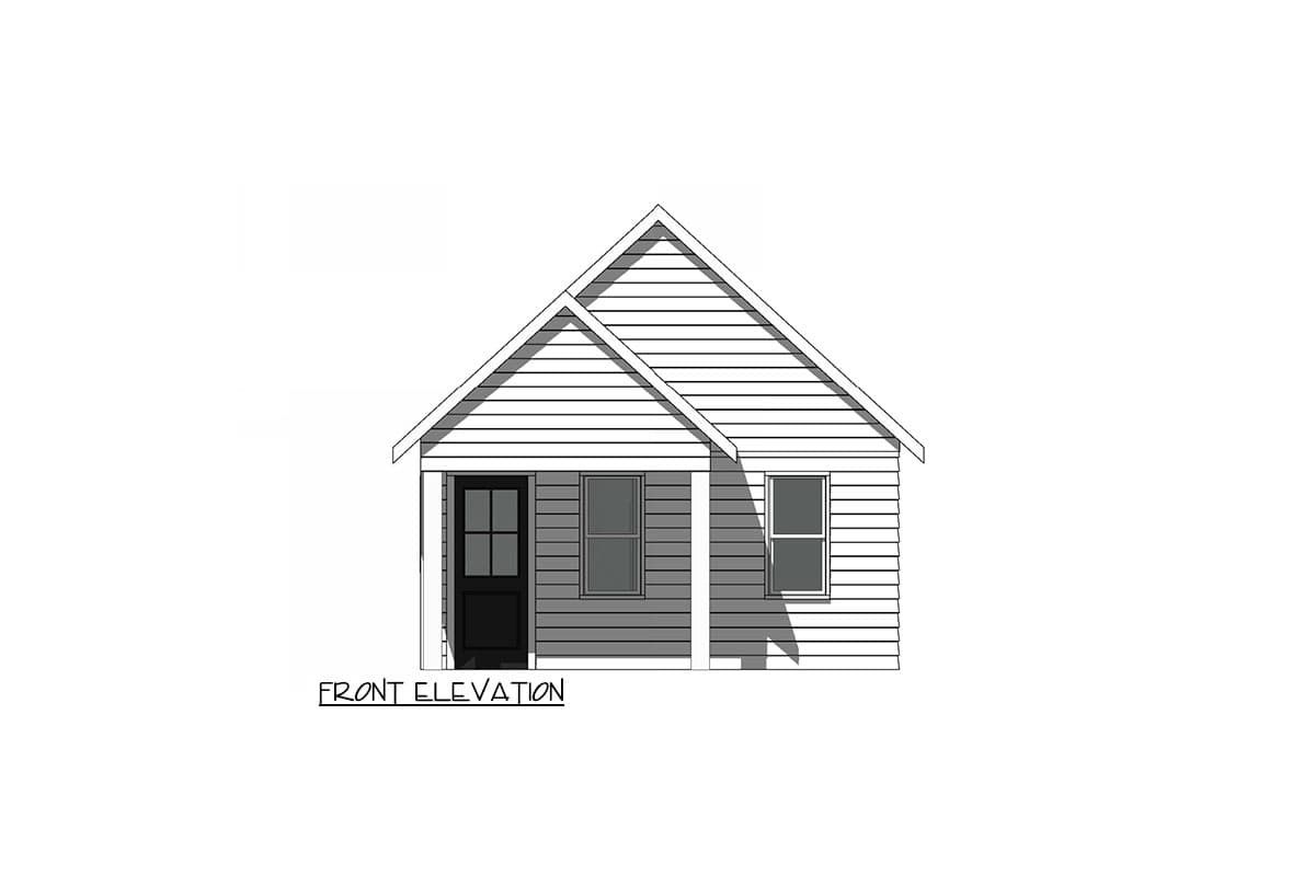 Front elevation drawing of a one-story house with a gable roof, front porch, and two windows.
