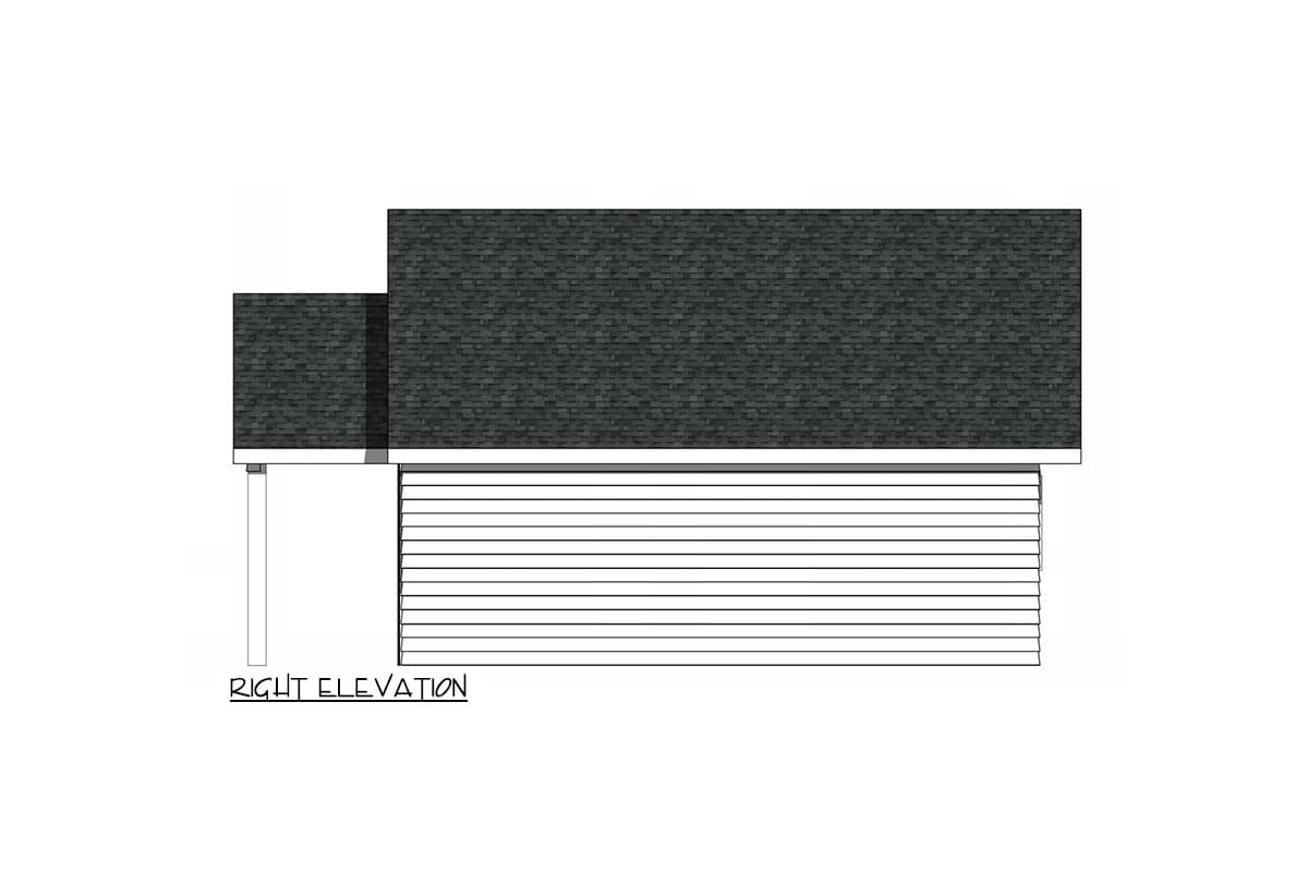 Right elevation drawing showing asphalt shingle roof and horizontal siding on a house plan.
