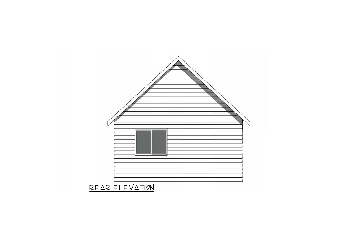 Rear elevation drawing of a house with horizontal siding and a single window.