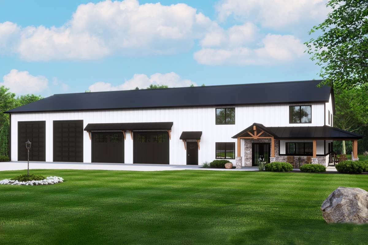 House plan exterior with two stories, a farmhouse style, and a covered porch. Features three garage bays, and a black roof.