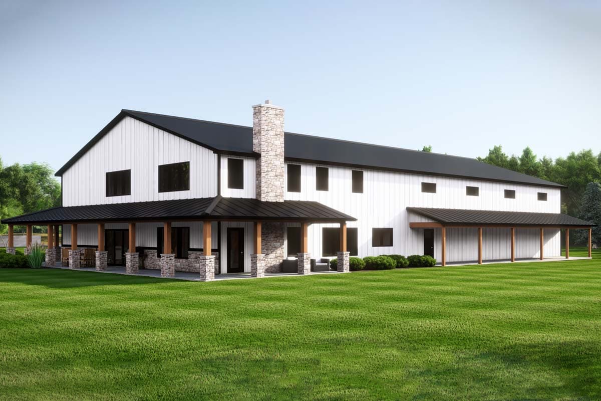 House plan exterior: Modern Farmhouse style, two stories, with a wrap-around porch, stone chimney, and metal roof.