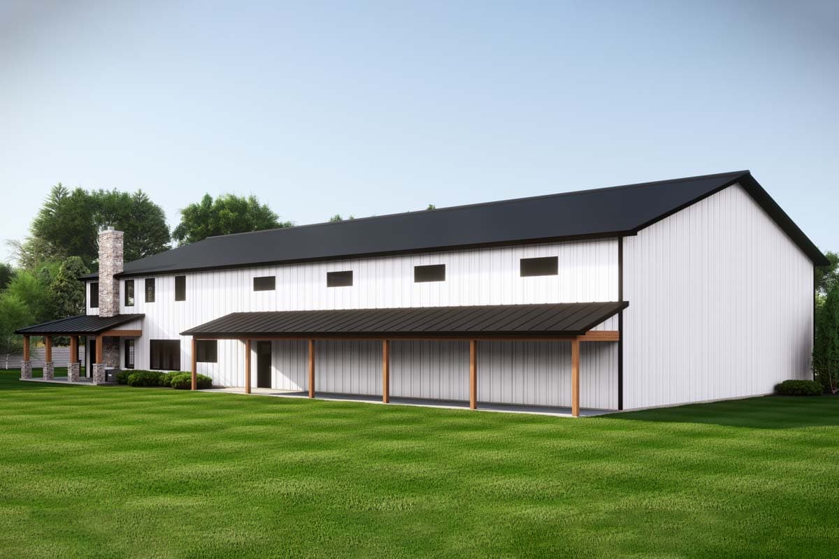 House plan exterior featuring a Modern Farmhouse style with a wrap-around porch, stone chimney, and metal roof.