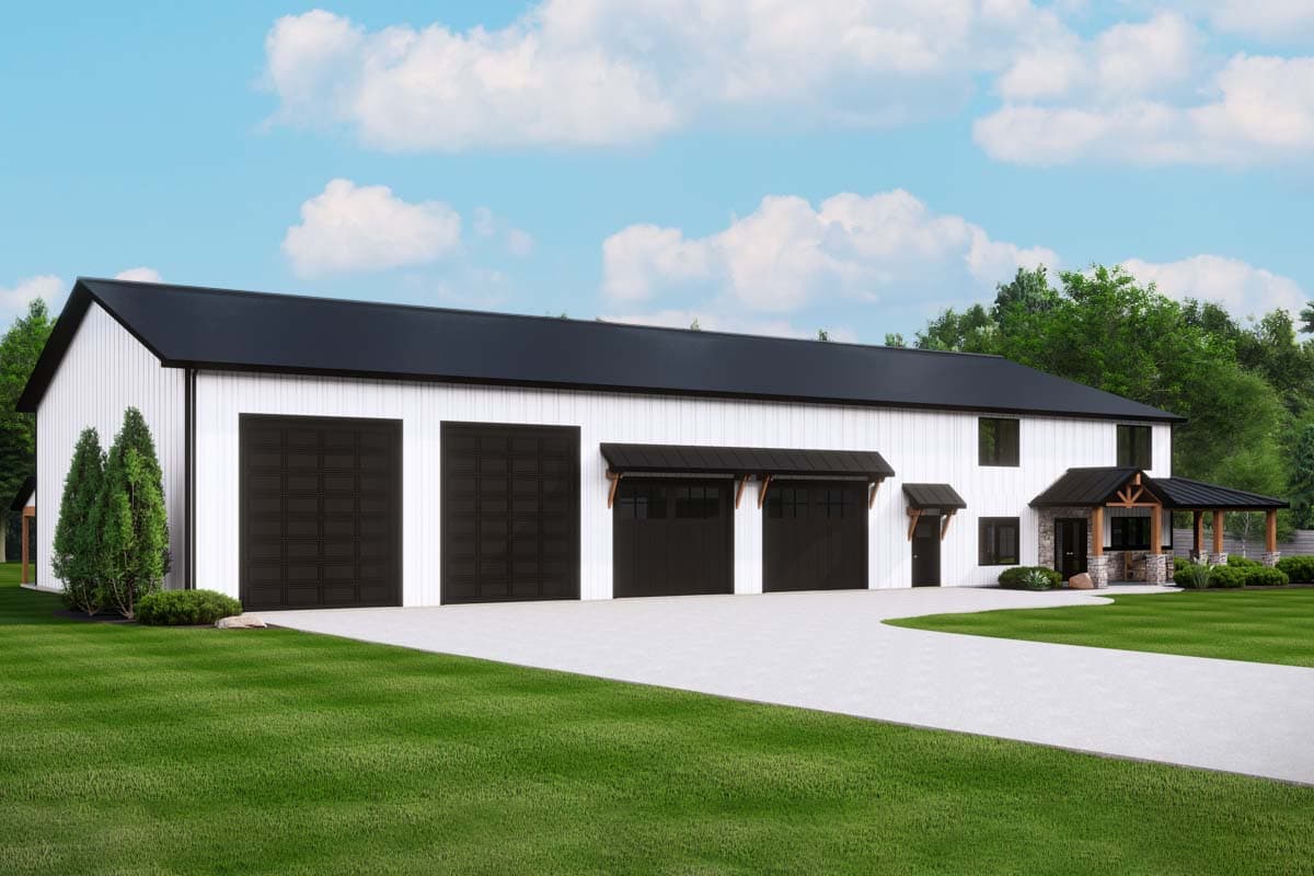 House plan exterior with white vertical siding, black metal roof, five garage doors, and stone-accented covered entry.