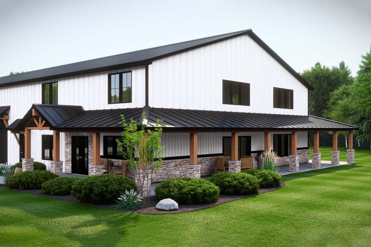 House plan exterior: two-story modern farmhouse with wrap-around porch, gable roof over entrance, stone accents, and vertical siding.