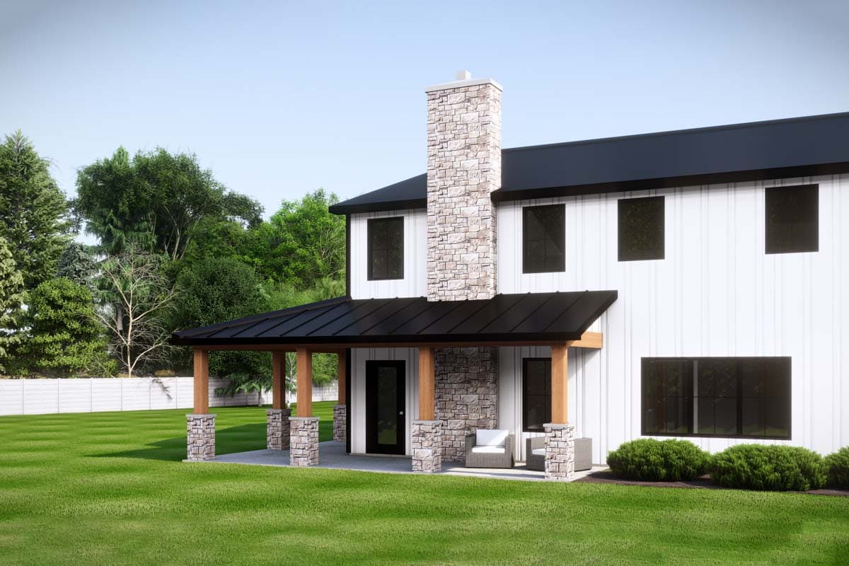 House plan exterior: Modern Farmhouse style, two stories, covered porch with stone-clad columns, prominent stone chimney.