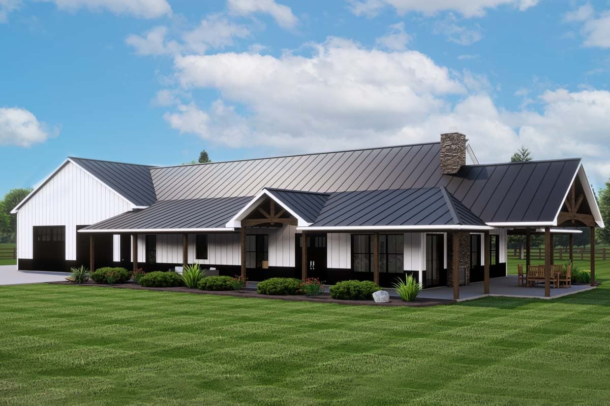 House plan exterior: Modern Farmhouse style, one story, metal roof, wraparound porch, stone chimney, and attached garage.