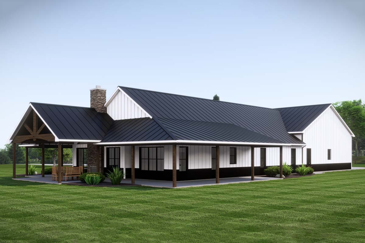 Modern Farmhouse house plan exterior with wrap-around porch, gabled rooflines, and stone chimney.