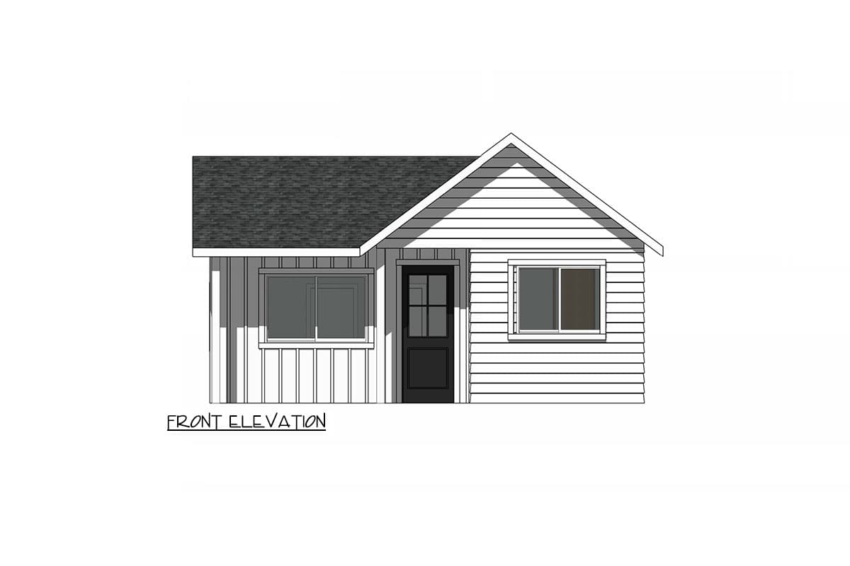 Front elevation drawing of a one-story house plan with horizontal siding, two windows, and a central door.
