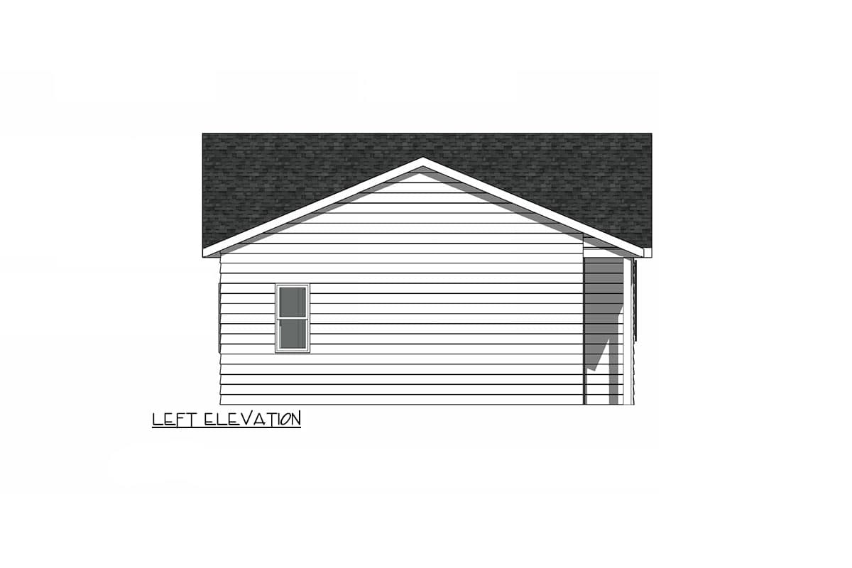 Left elevation drawing of a house plan showing a single window and gable roof with horizontal siding.