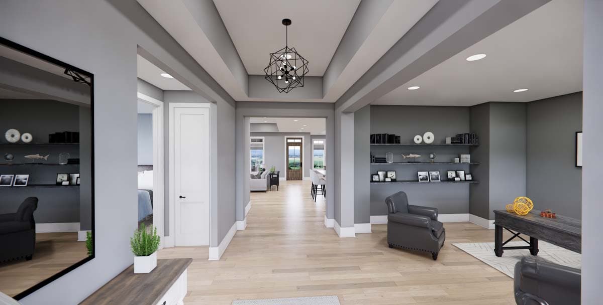 Interior rendering of a hallway with tray ceiling, geometric chandelier, and views into a living area and dining space.