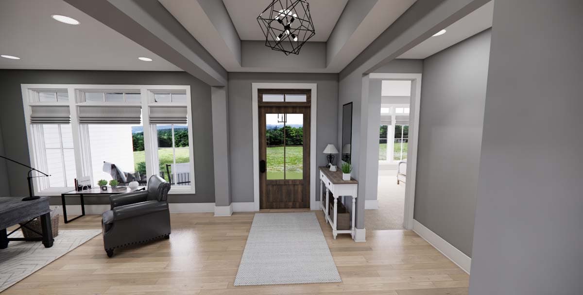 Interior rendering of a foyer with a coffered ceiling, glass-paneled entry door, and large windows.